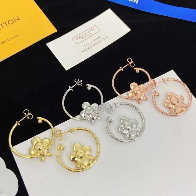 Louis Vuitton Silver Hoop 3D Floral Motif Earrings