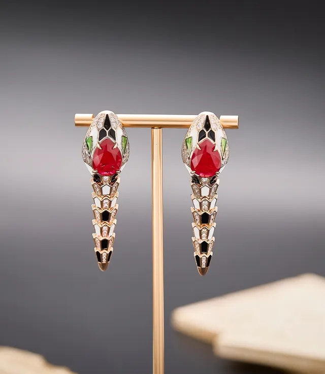 Bvlgari Serpenti Red Cabochon Enamel Snake Head Earrings