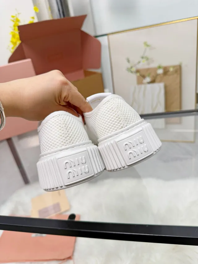 Miu Miu Platform Sneakers White Mesh Upper Ridged Sole Lifestyle Sneakers