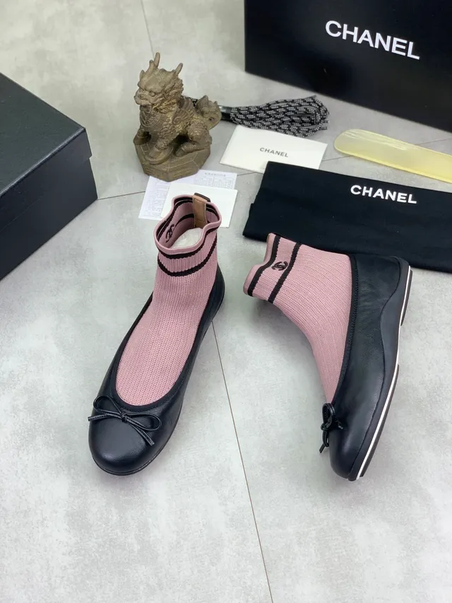 Chanel Black Pink Sock-Fit Knit Upper Leather Toe Cap Ballet Flat