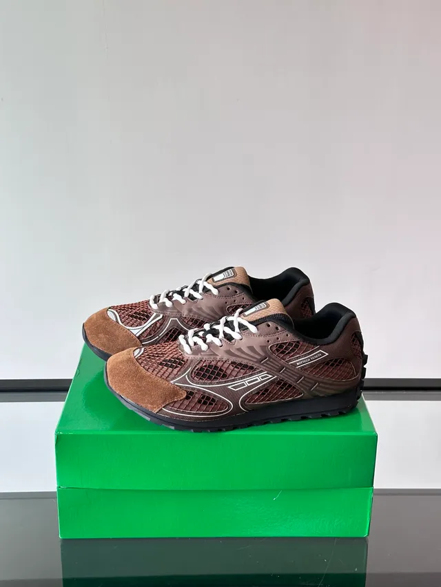 Bottega Veneta Andiamo Brown Black Mesh-Suede Hybrid Upper White Piping Detail Sneakers
