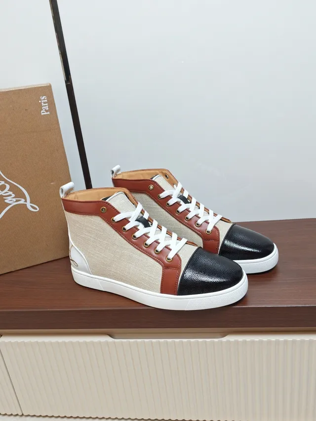 Christian Louboutin Louis Junior Beige Brown High-Top Color-Blocked Lifestyle Sneakers