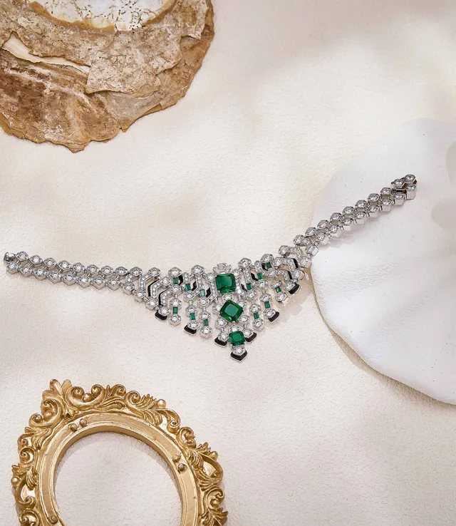 Van Cleef & Arpels Geometric Emerald and Diamond Pavé Multi-Row Bracelet