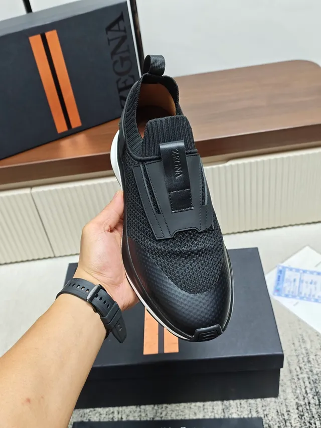 Zegna Black White Knit Upper Slip-On Lifestyle Sneakers