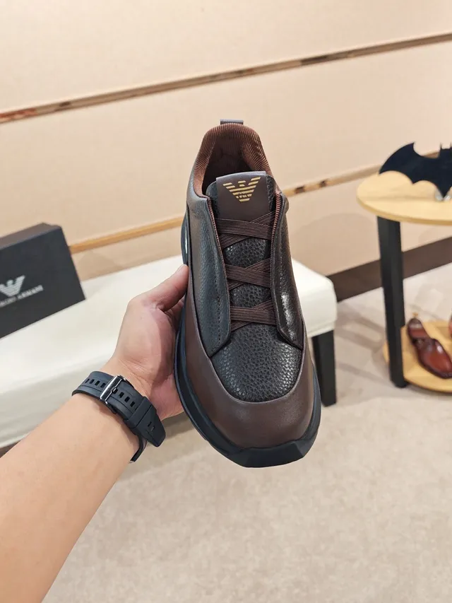 Emporio Armani Brown Black Slip-On Construction Pebbled And Smooth Leather Contrast Sneakers