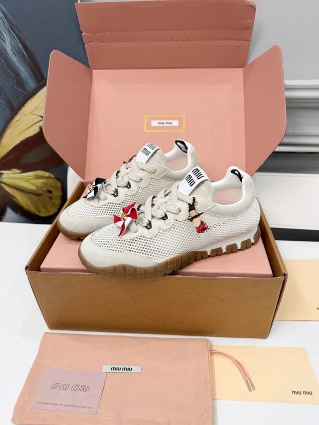 Miu Miu Wander Beige White Perforated Mesh Upper Suede Overlays Lifestyle Sneakers