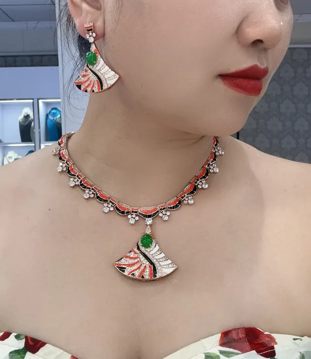 Gold Multicolor Fan-Shaped Enamel Inlay Earrings