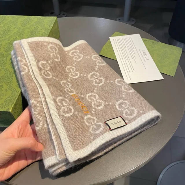 Gucci GG Monogram Knitted Beige and Taupe Cashmere Scarf