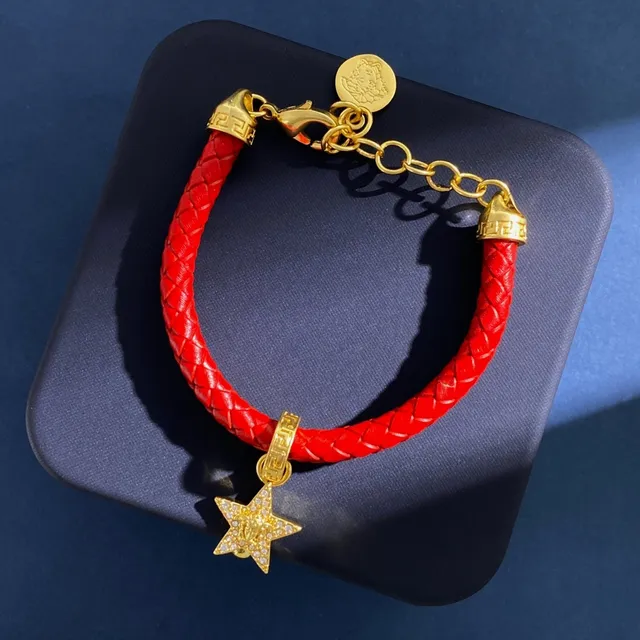Versace Red Gold Braided Leather Metal Bracelet