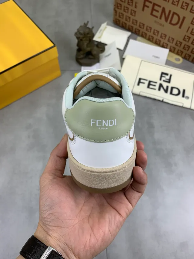 Fendi Sneakers White Beige Mint Green Perforated Leather Lifestyle Sneakers