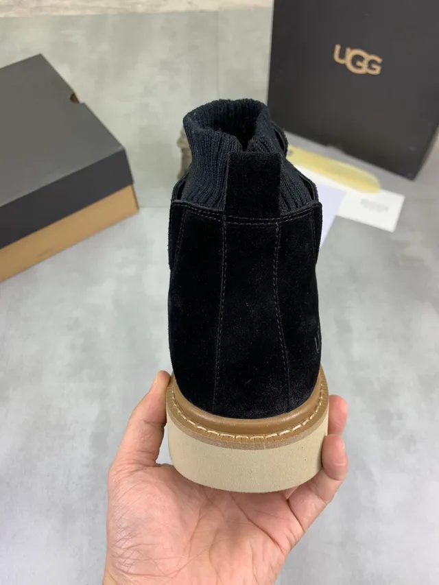 UGG Black Beige Suede Upper Ribbed Knit Collar Ankle Boots