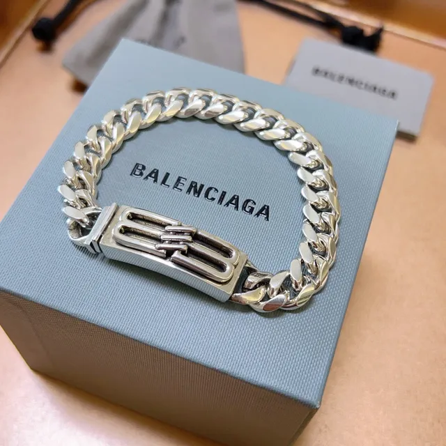 Balenciaga Silver Blue Chunky Curb-Link Chain Rectangular B-Buckle Clasp Bracelet