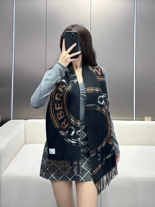 Burberry Black and Cream Fringed Cashmere Scarf