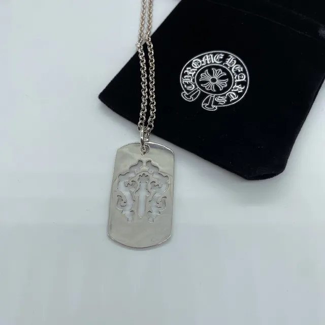 Chrome Hearts Dog Tag Necklace Silver Silhouette Cutout Cross-and-Sword Motif Necklace