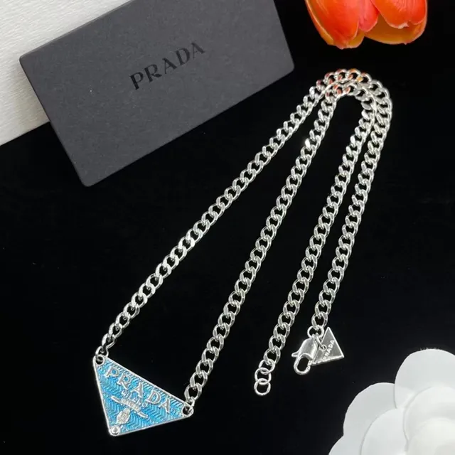 Prada Silver Blue Curb Chain Triangular Enamel Pendant Necklace