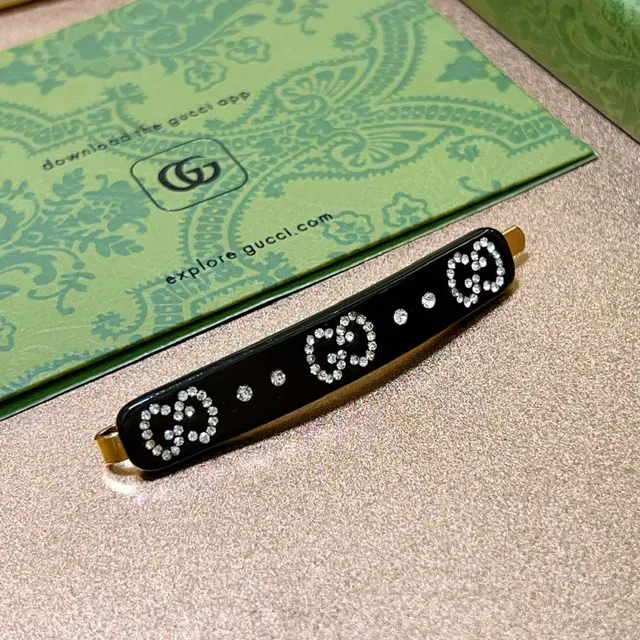 Gucci GG Crystal Hair Clip Black Acetate Brooch