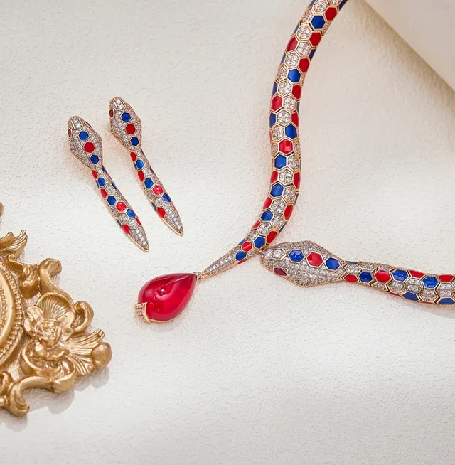 Snake-Shaped Hexagonal Enamel and Pavé Crystal Earrings