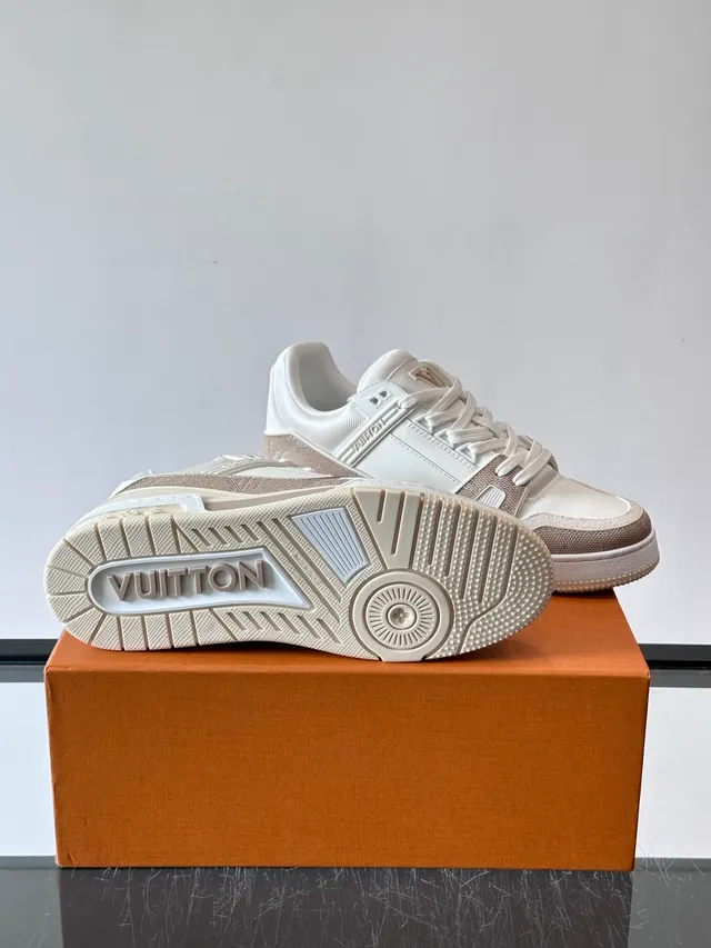 Louis Vuitton LV Trainer Beige White Structured Multi-Panel Upper Branded Side Strap Lifestyle Sneakers