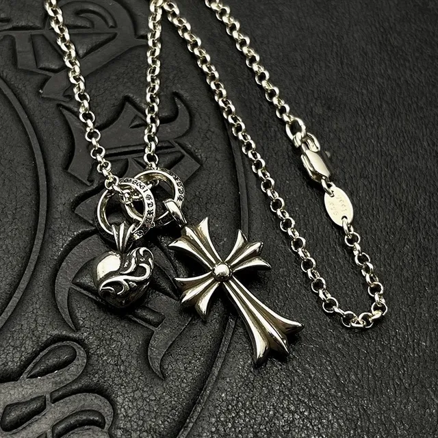 Chrome Hearts Cross and Heart Charm Silver Necklace