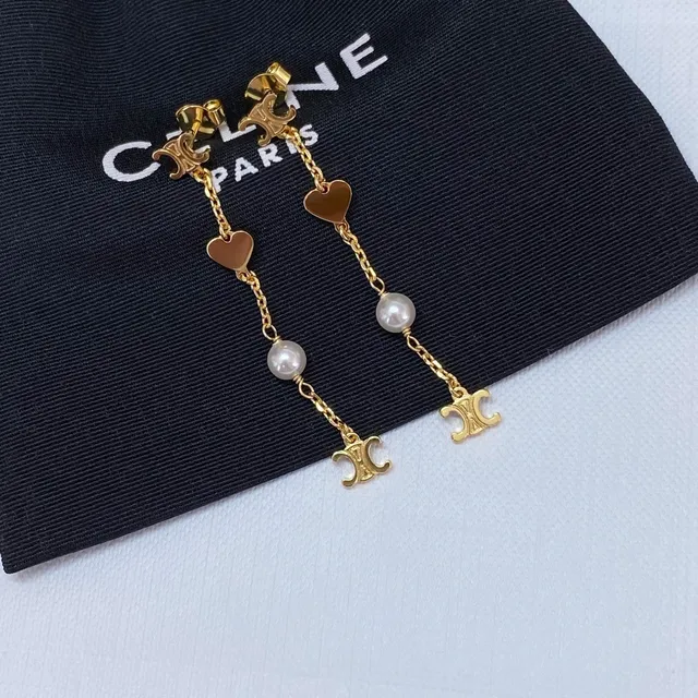 Celine Triomphe Heart and Pearl Chain Drop Earrings