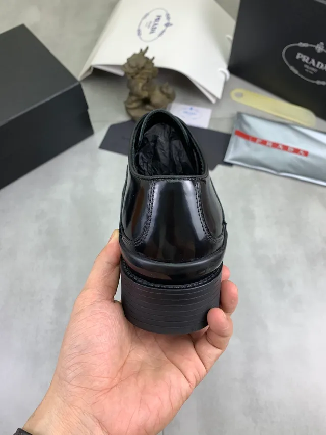 Prada Black Glossy Leather Perforated Toe Brogue