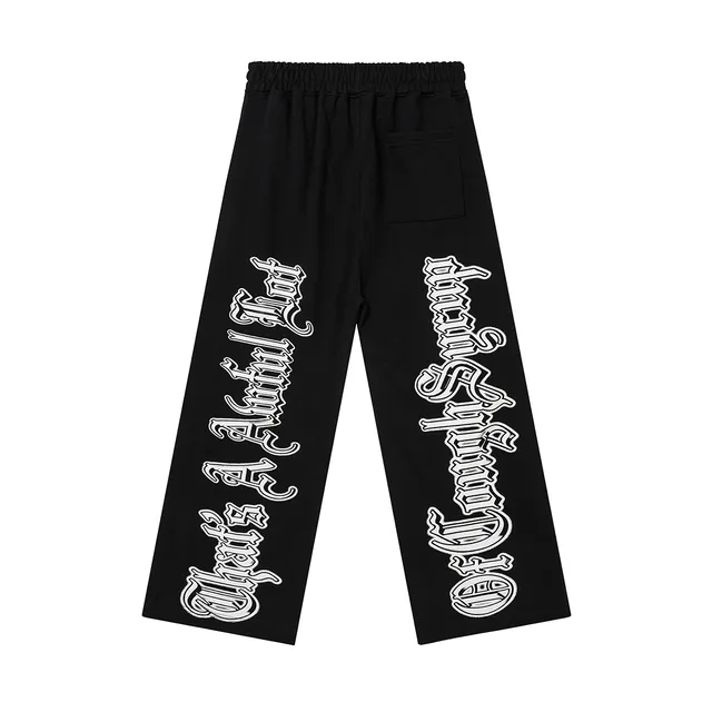 Black Gothic Typography Print Wide-Leg Sweatpants