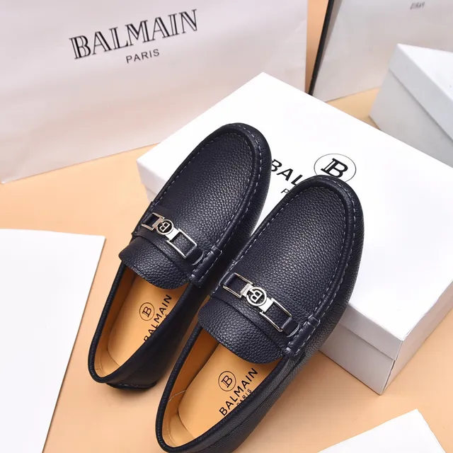 Balmain B-Court Black Beige Pebbled Leather Metal Buckle Loafer