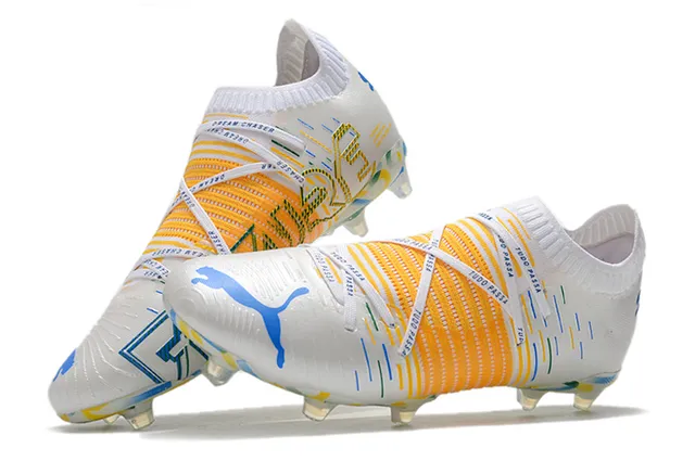 Puma Future Z White Multicolor Sock-Fit Collar Textured Orange Cage Firm-Ground Soccer Shoes