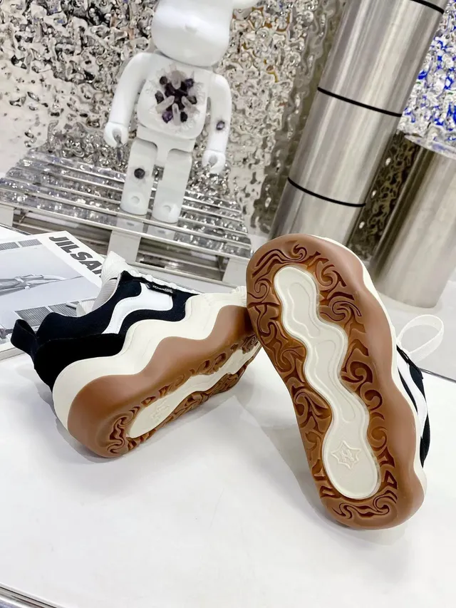 Jil Sander Black White Sculpted Wavy Midsole Canvas Upper Chunky Sneakers