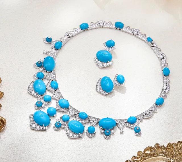 Turquoise Cabochon and Pavé Diamond Drop Earrings