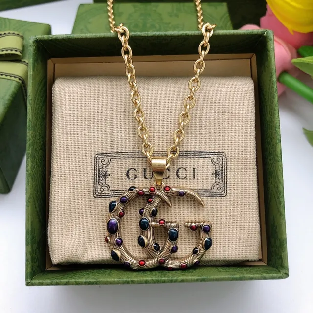 Gucci GG Marmont Multistone Interlocking G Pendant Necklace