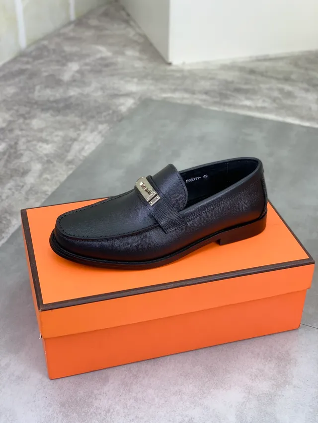 Hermès Oran Loafer Black Saffiano Leather Metal Strap Loafer