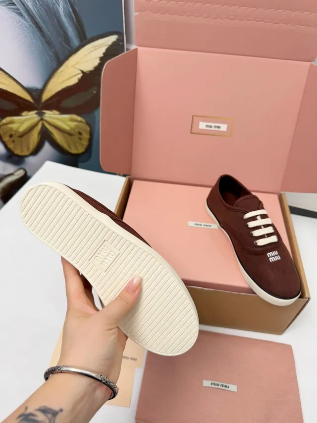 Miu Miu Brown Beige Low-Top Upper Canvas Shoes