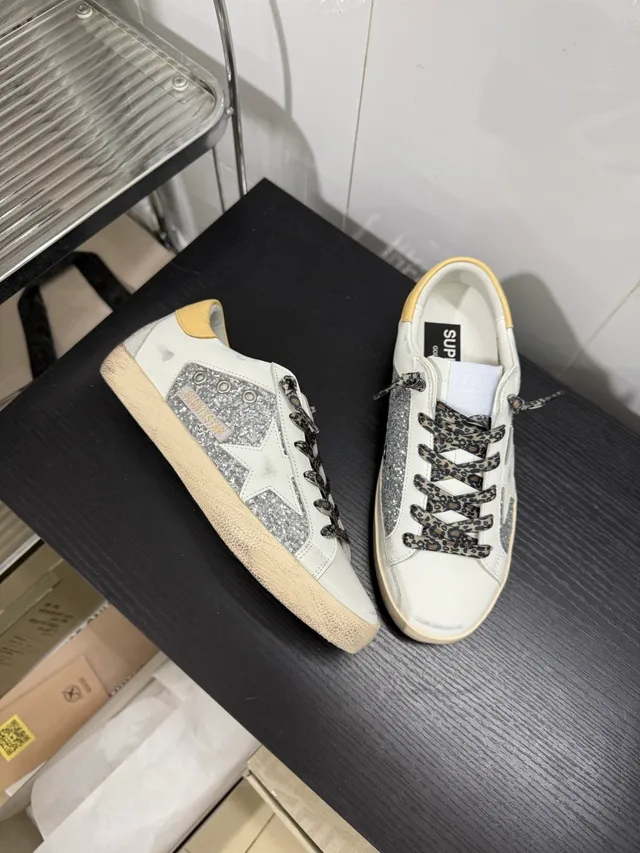 Golden Goose Super-Star Distressed White Glitter Star Lifestyle Sneakers