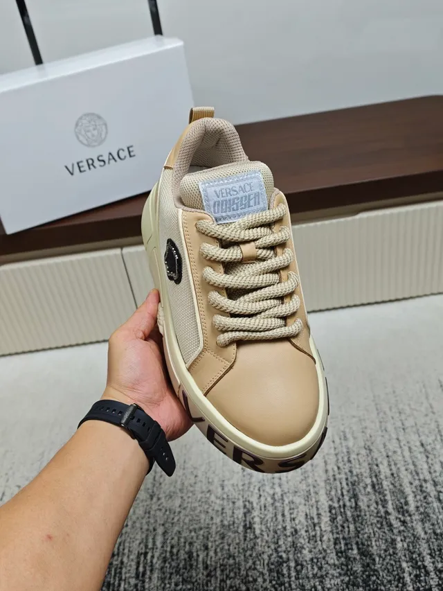 Versace Beige Brown Mesh And Leather Upper Thick Platform Sole Chunky Sneakers