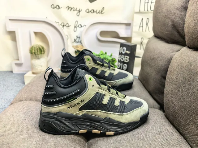 Adidas Black Army Green Sole Layered Suede And Mesh Upper Chunky Sneakers