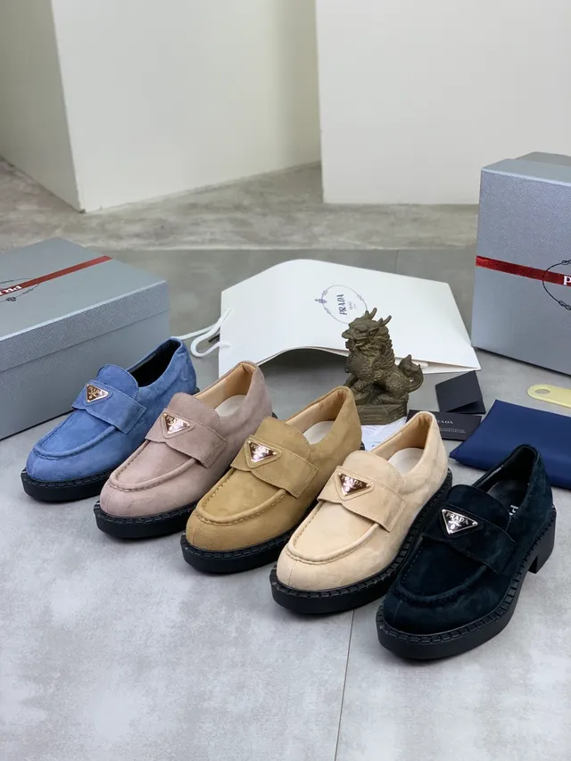 Prada Beige Black Suede Upper Triangle Logo Strap Loafer