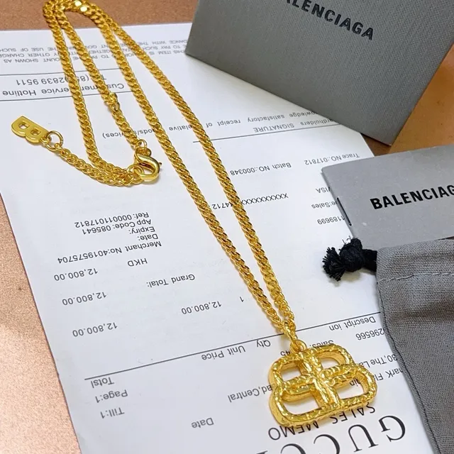 Balenciaga BB Interlocking Pendant Gold Chain Necklace