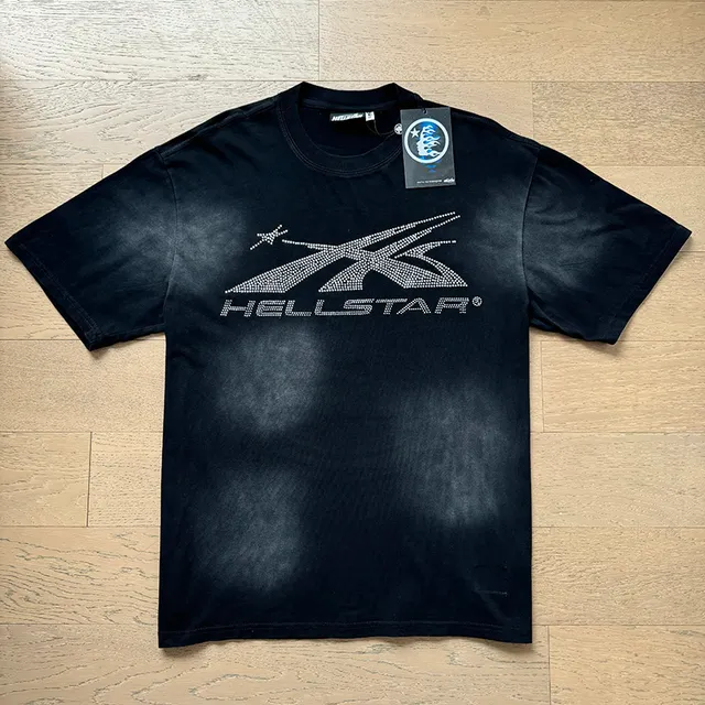 Hellstar Rhinestone X Flame Graphic Faded Black T-Shirt