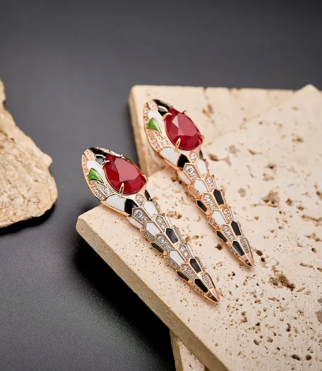Bvlgari Serpenti Red Cabochon Enamel Snake Head Earrings