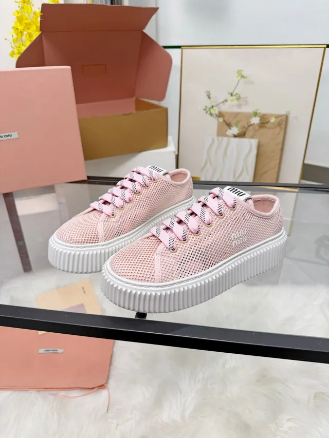 Miu Miu Platform Sneaker Pink White Mesh Upper Ridged Sole Lifestyle Sneakers