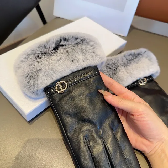 Black Gray Faux Fur Cuff Leather Gloves