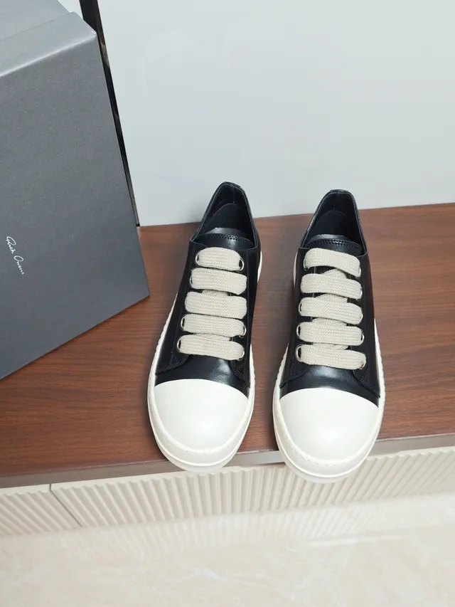 Rick Owens Black White Low-Top Leather Upper Lifestyle Sneakers