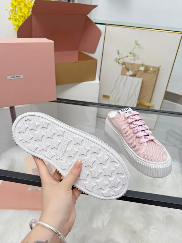Miu Miu Platform Sneaker Pink White Mesh Upper Ridged Sole Lifestyle Sneakers