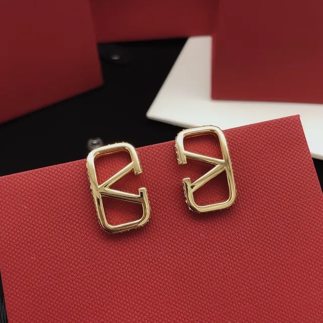 Valentino VLogo Gold Black Open-Frame Geometric Pavé-Edged Earrings