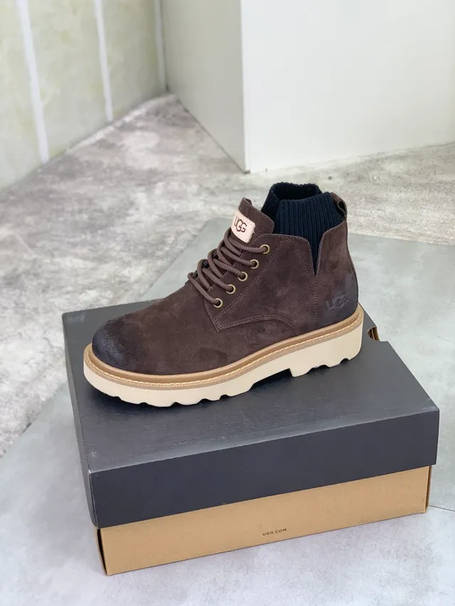 UGG Brown Suede Lace-Up Knit Collar Ankle Boot