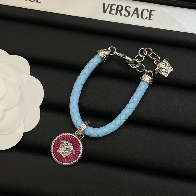 Versace Medusa Blue Pink Braided Leather Cord Enamel Pendant Necklace