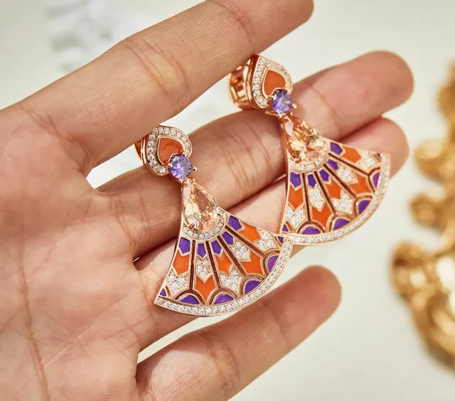 Fan-Shaped Enamel and Gemstone Drop Earrings