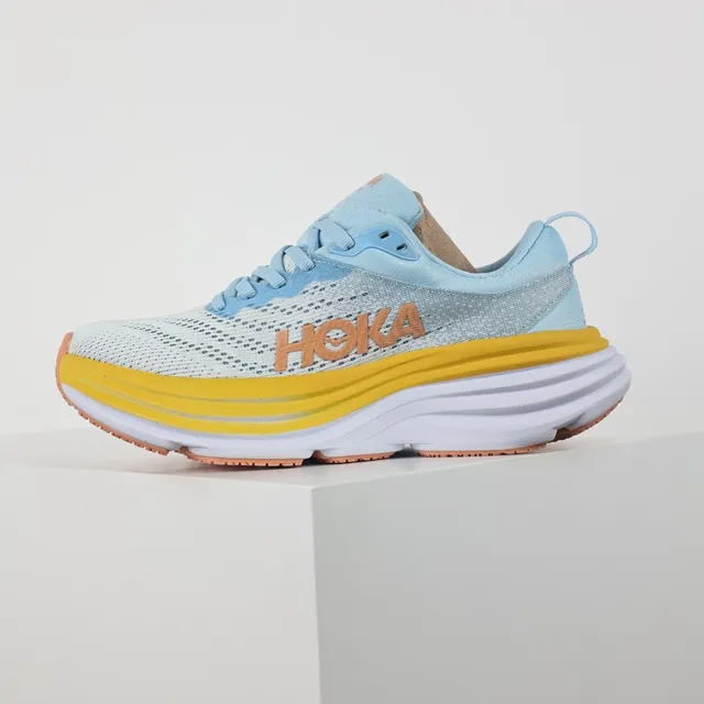 Hoka Blue Yellow Engineered Mesh Upper Stacked Midsole Running Shoes