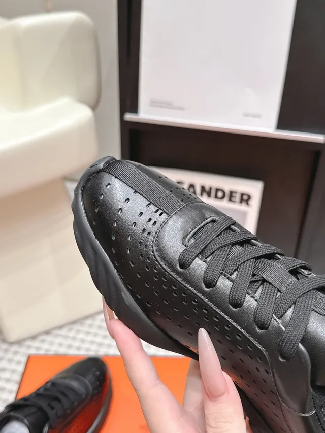 Jil Sander Black Perforated Leather Minimalist Sneakers